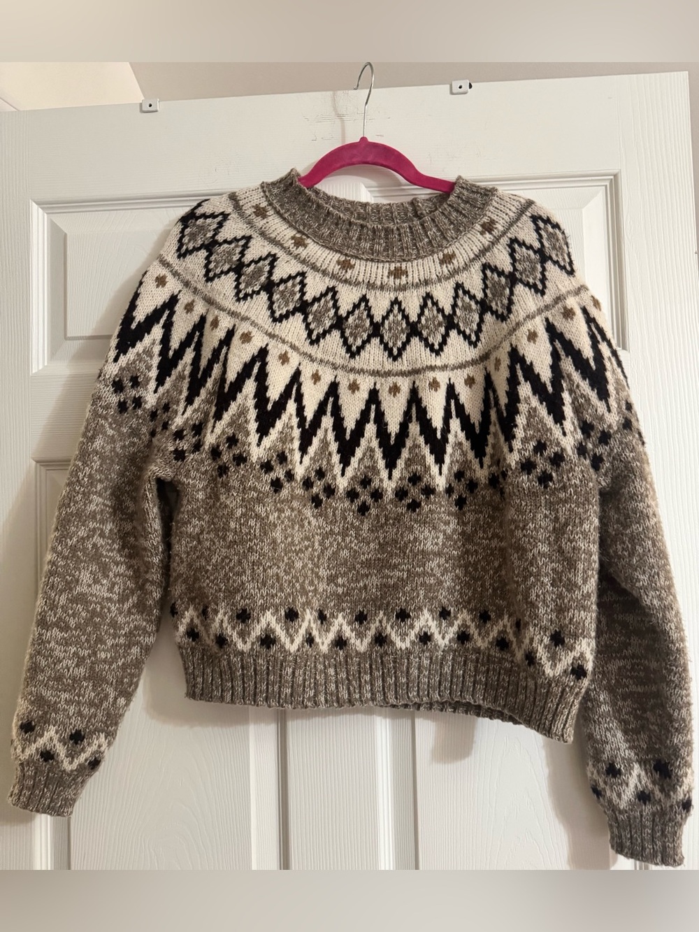 American Eagle Nordic Fair Isle Chunky Knit Sweater M Brown Gray Cozy Après Ski